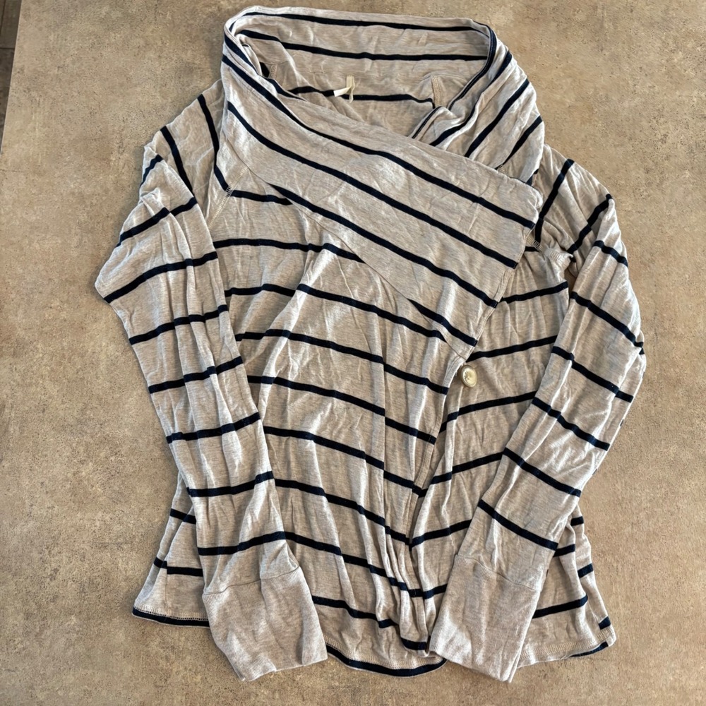 Madigan Striped Wrap Top Navy Beige Asymmetrical Neckline Button Detail Size M